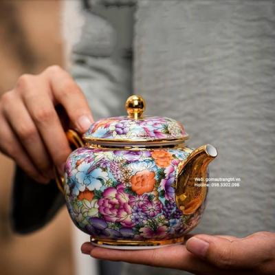 ẤM VÀ KHAY BÁCH HOA VIỀN VÀNG CAO CẤP
